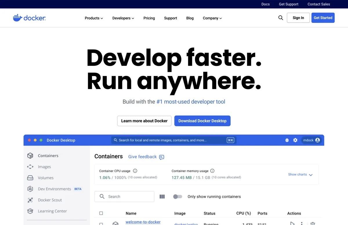 Docker screenshot - Development interface and features overview