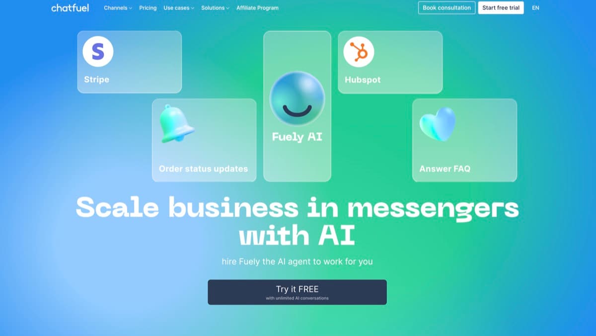 Chatfuel screenshot - Marketing interface and features overview