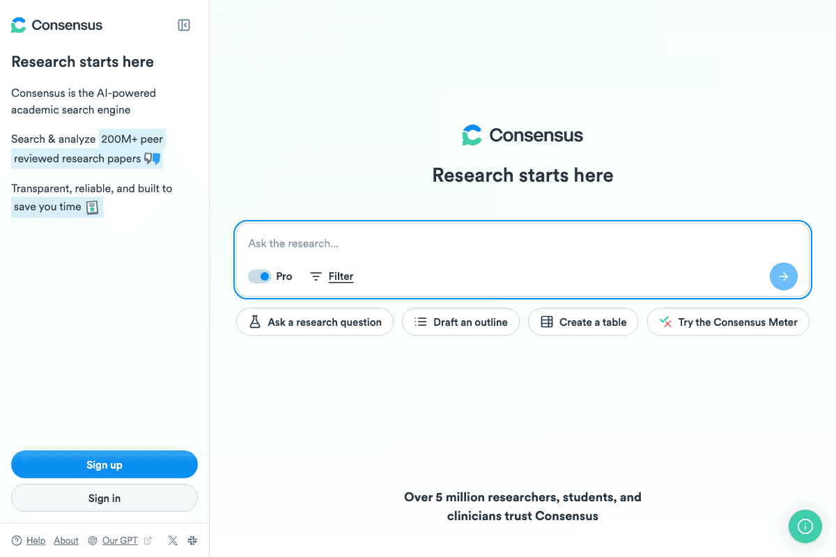 Consensus screenshot - Research & Analysis interface and features overview