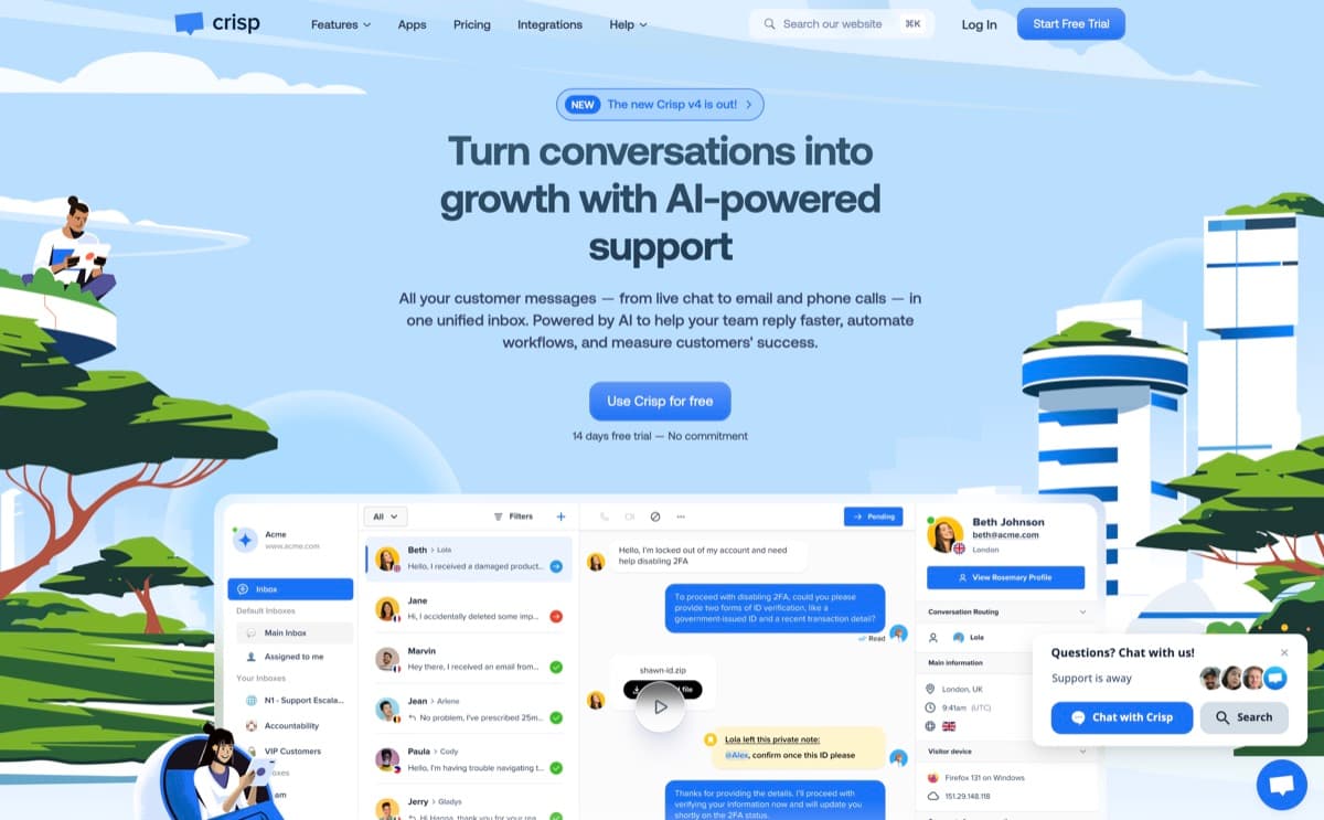 Crisp screenshot - Customer Service interface and features overview