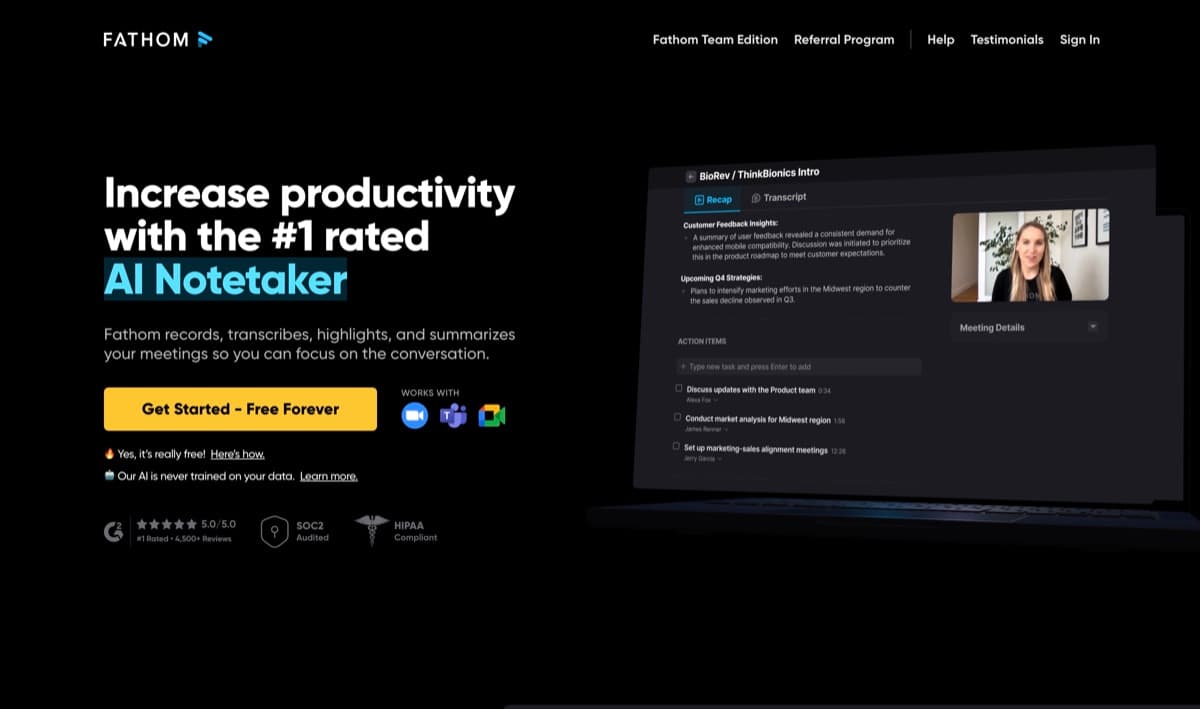 Fathom screenshot - Productivity interface and features overview