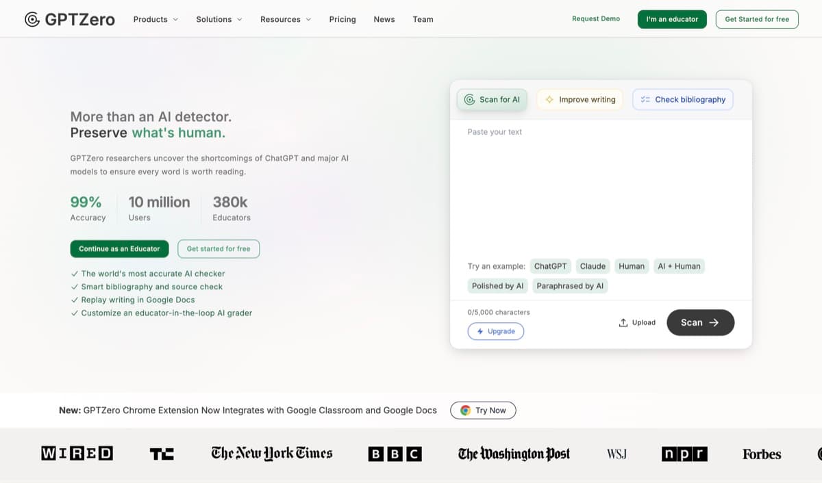 GPTZero screenshot - Writing interface and features overview