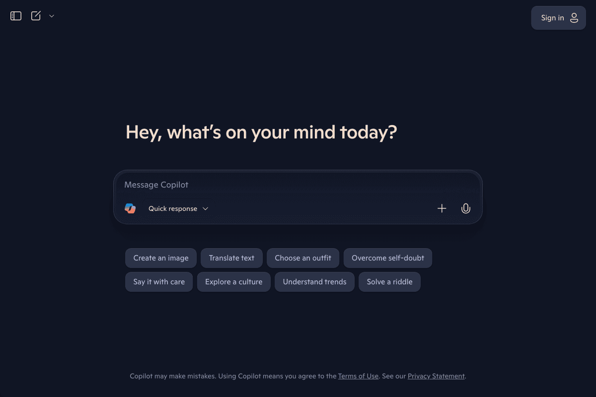 Microsoft Copilot screenshot - Productivity interface and features overview