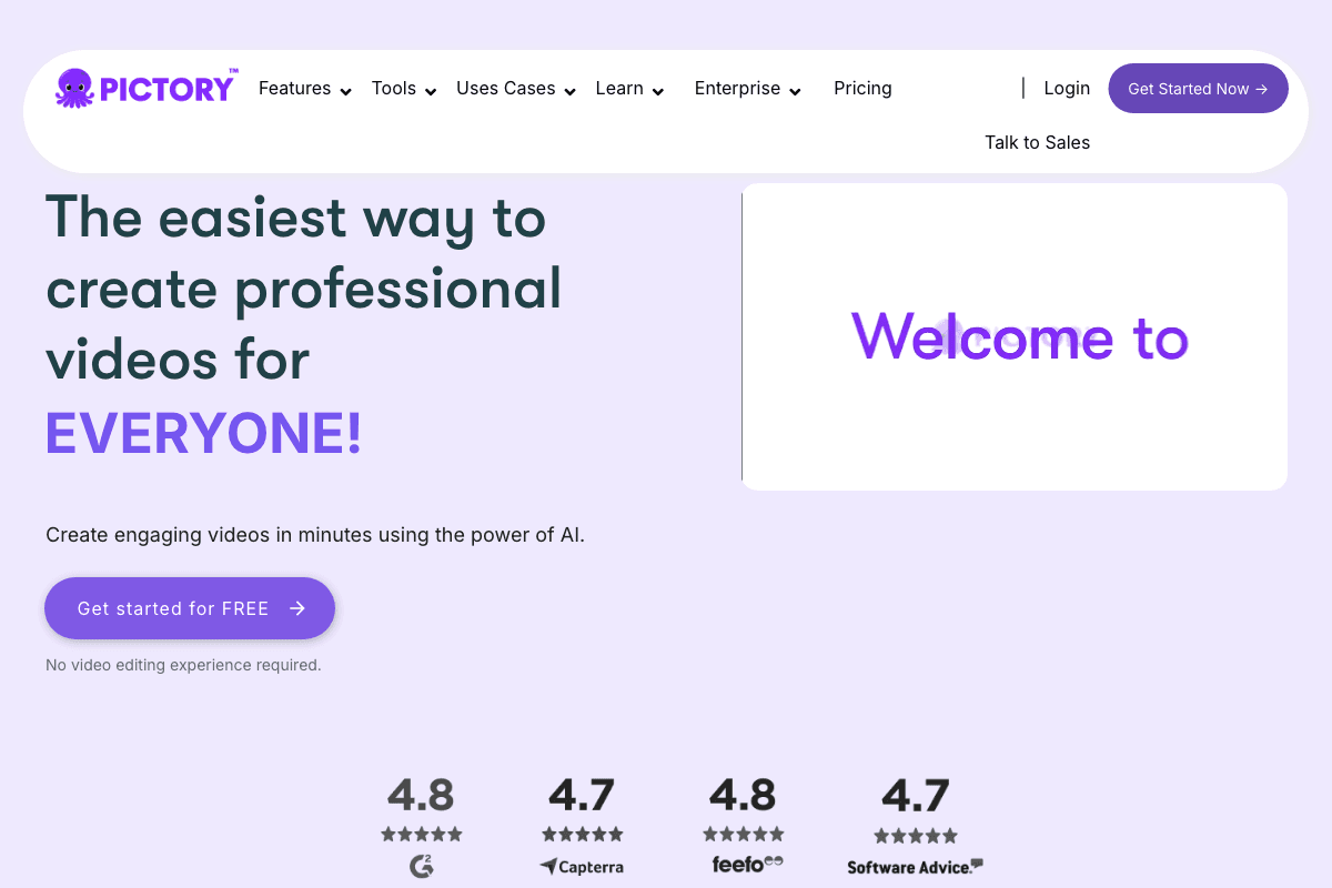 Pictory screenshot - Video & Animation interface and features overview