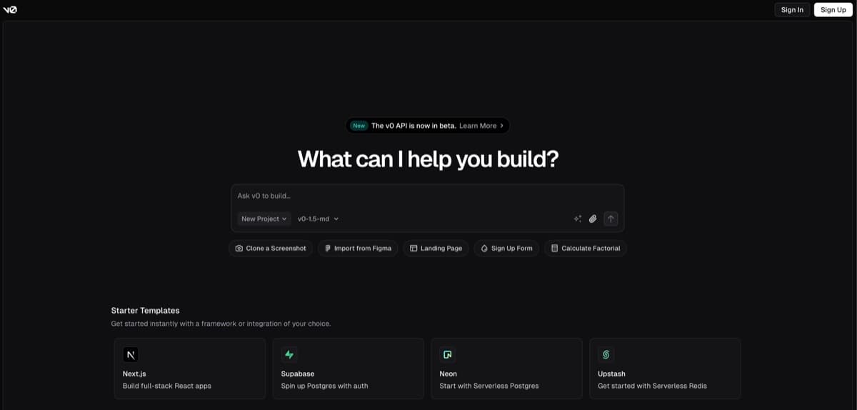 V0 screenshot - Development interface and features overview