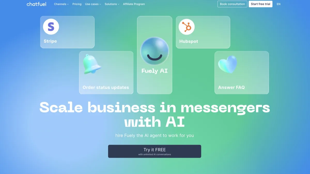 Chatfuel screenshot - Marketing interface and features overview
