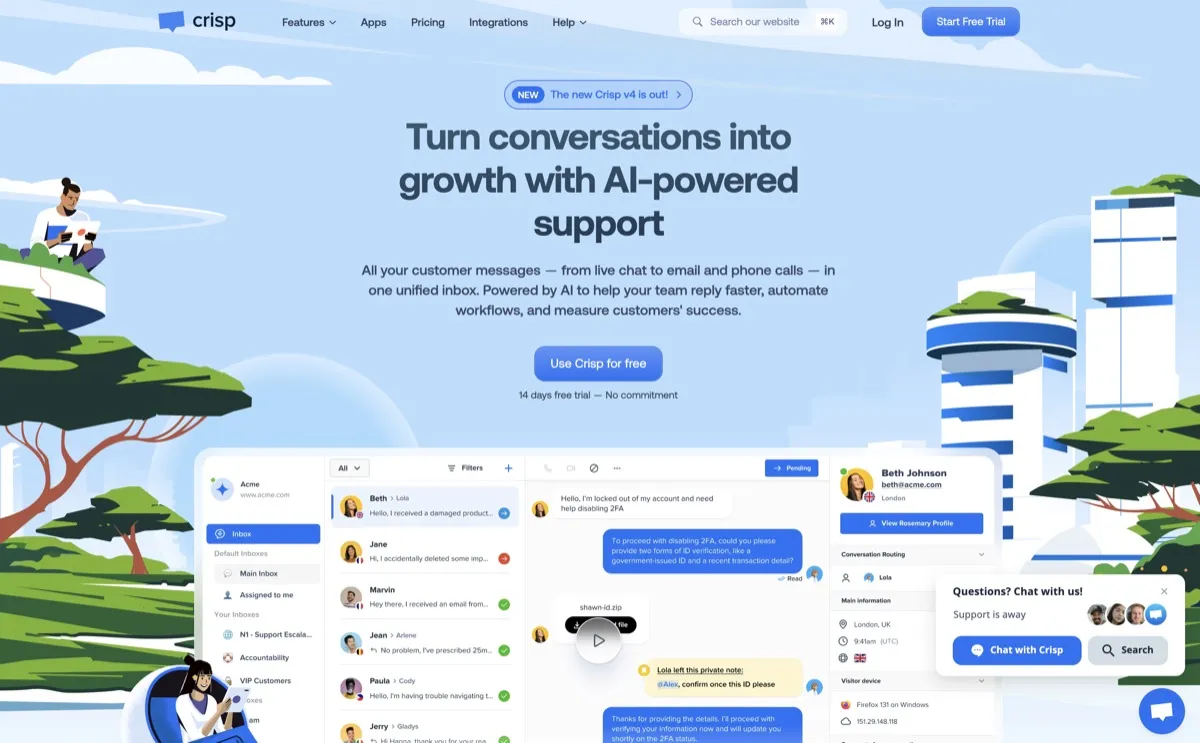 Crisp screenshot - Customer Service interface and features overview