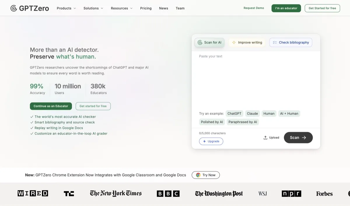 GPTZero screenshot - Writing interface and features overview