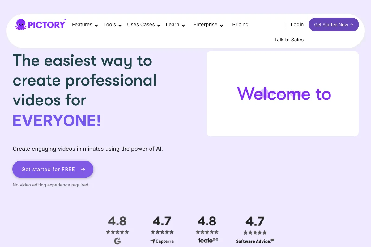 Pictory screenshot - Video & Animation interface and features overview