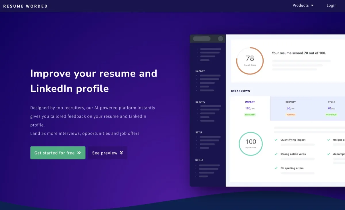 Resume Worded screenshot - Productivity interface and features overview