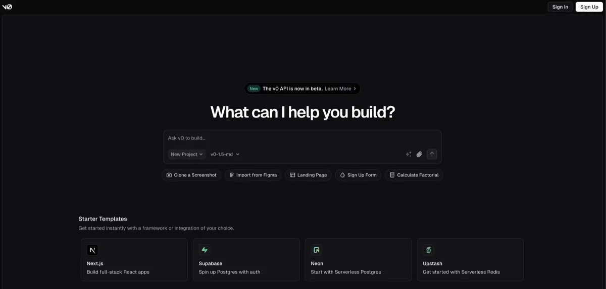 V0 screenshot - Development interface and features overview